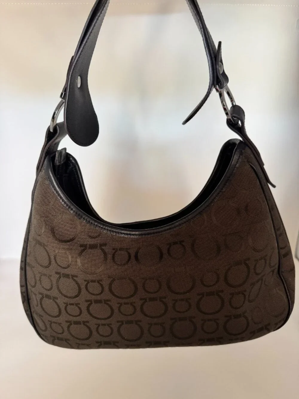 Salvatore Ferragamo Gancini Brown Jacquard Shoulder Bag | Made in Italy | Box &